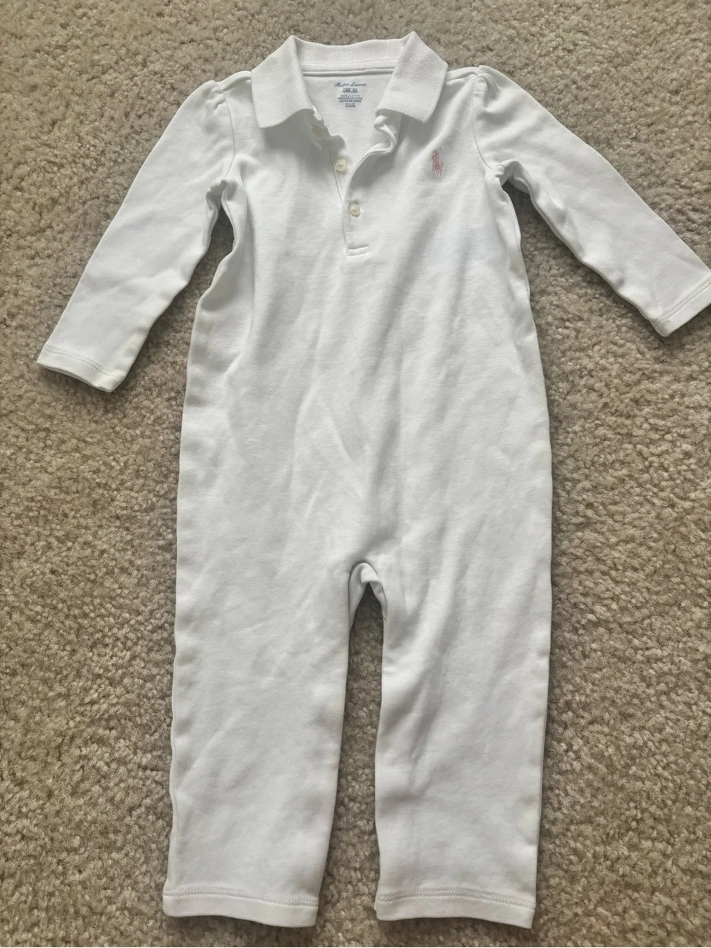 Ralph Lauren White Long-Sleeve Polo Footed One-Piece